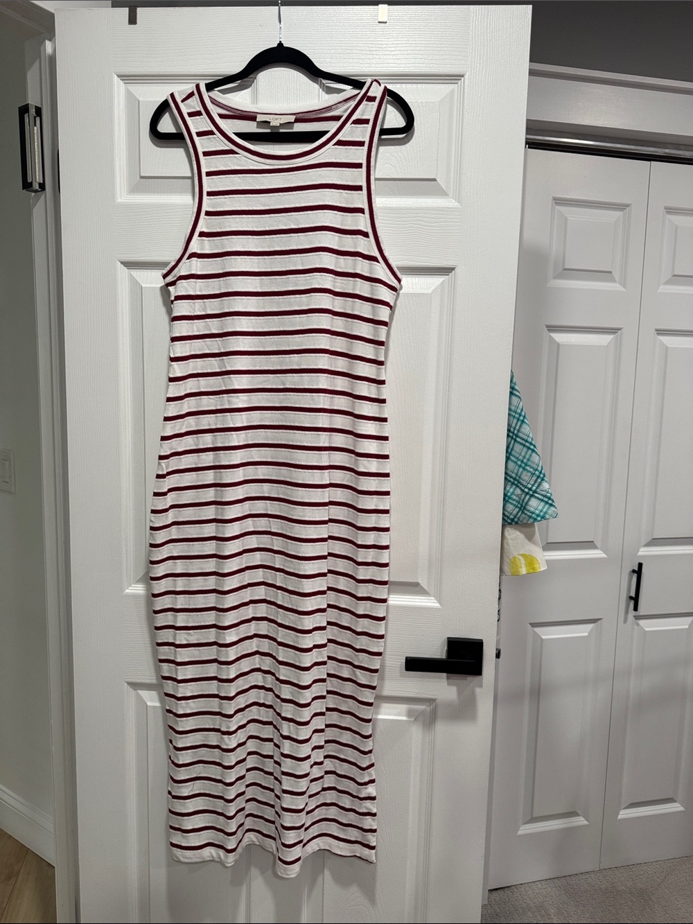 LOFT Burgundy and White Striped Tank Midi Dress